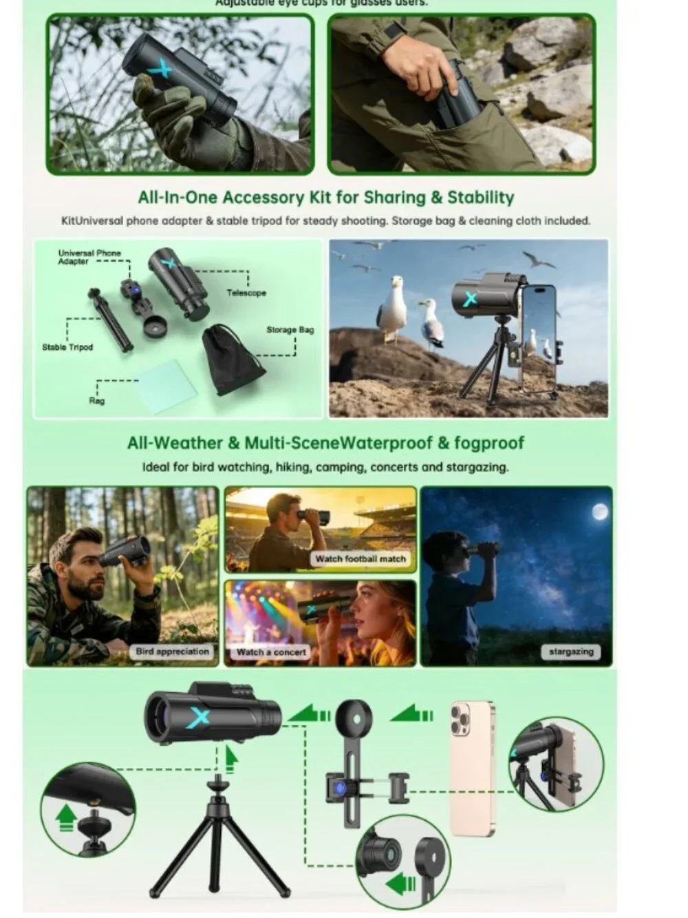 NEW 12x50 High Power HD Monocular Telescope with Phone Adapter & Tripod